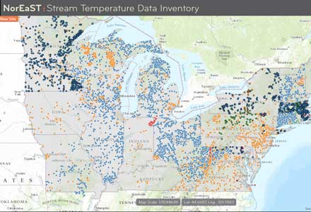 A screenshot of stream temperature sample locations from NorEaST